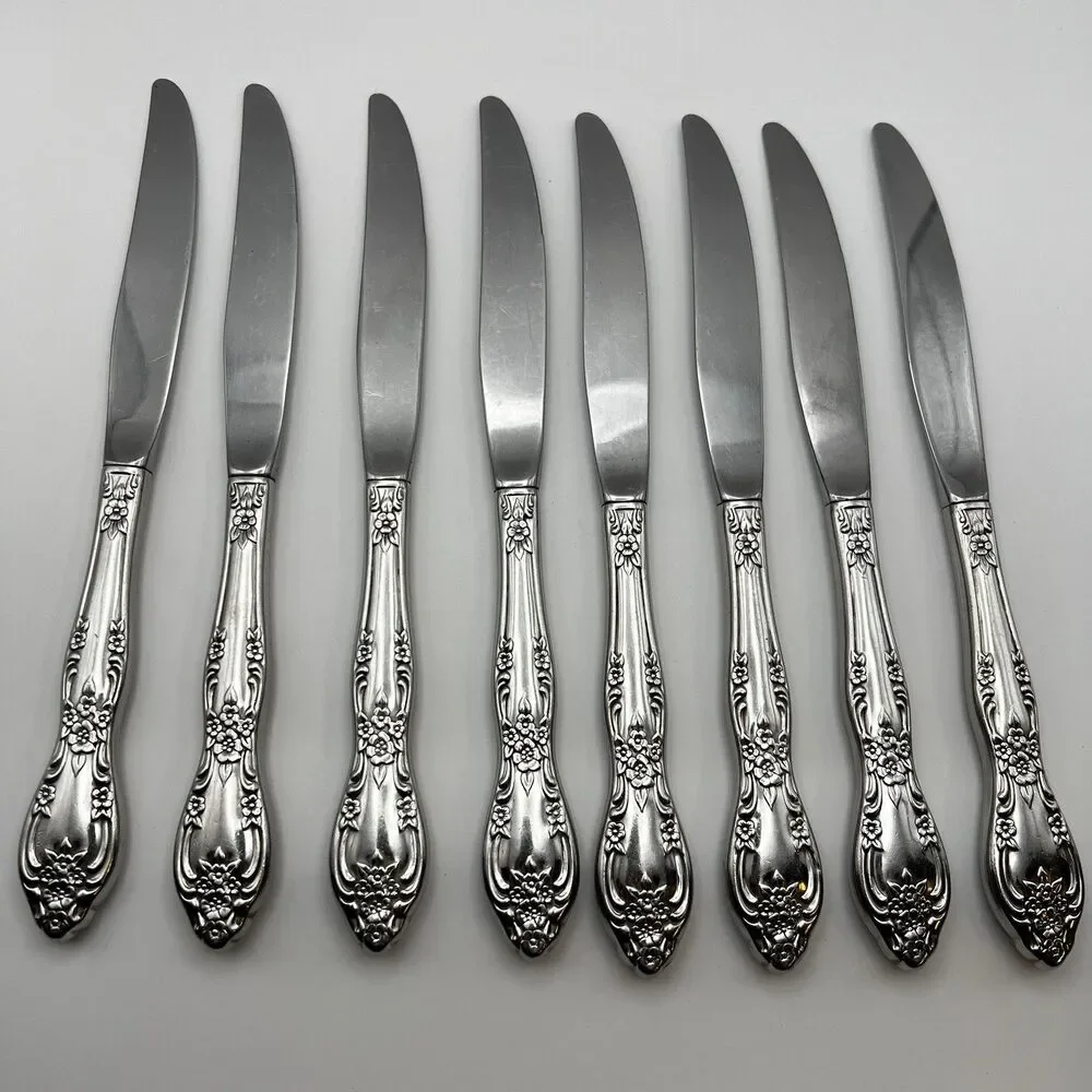 Oneida Galveston Set 8 Dinner Knives Stainless Hollow Handle Floral Flatware